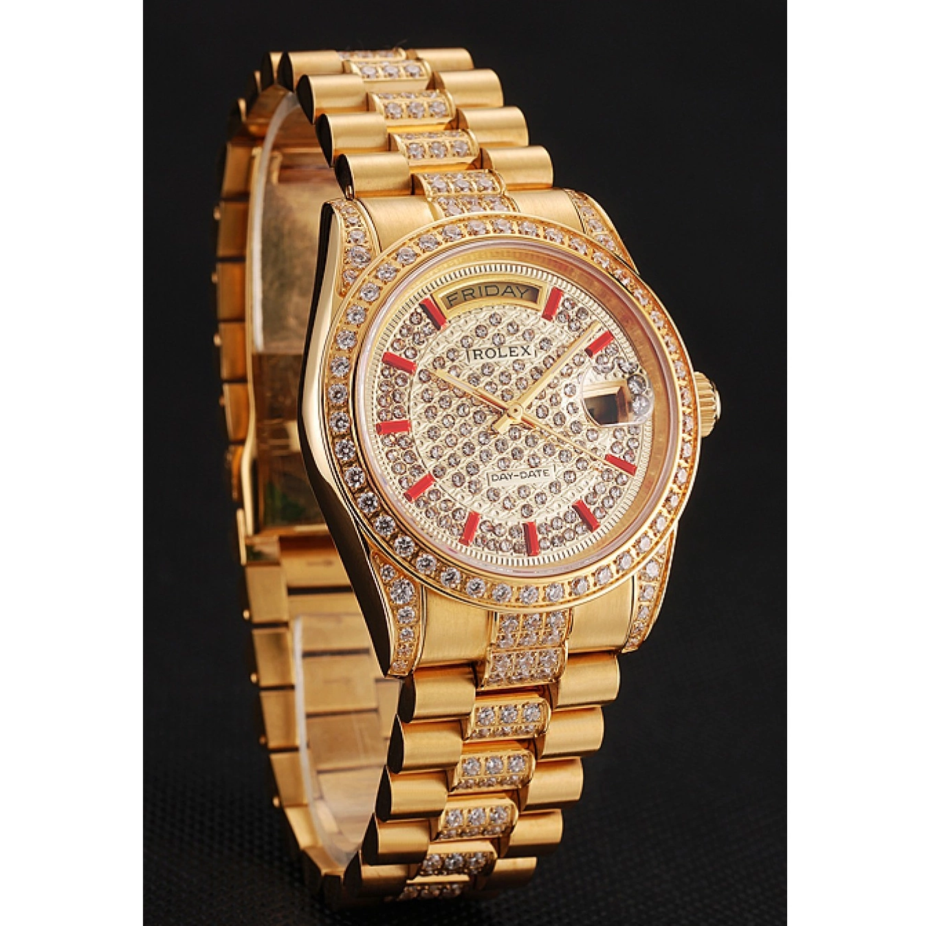 Best AAA Replica Sites Swiss 1453960 Diamond Gold Bracelet Day-Date Rolex Diamond Red Pave Dial 0616